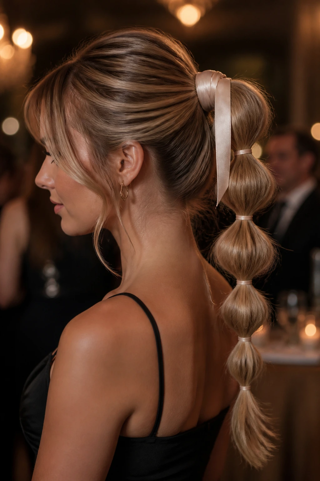Side profile of a woman with a bubble ponytail and ribbon at an upscale event