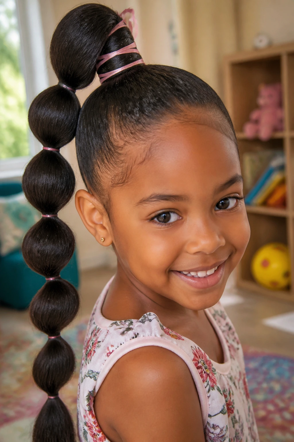 Real child with bubble ponytail and ribbon wrap in a sunlit playroom