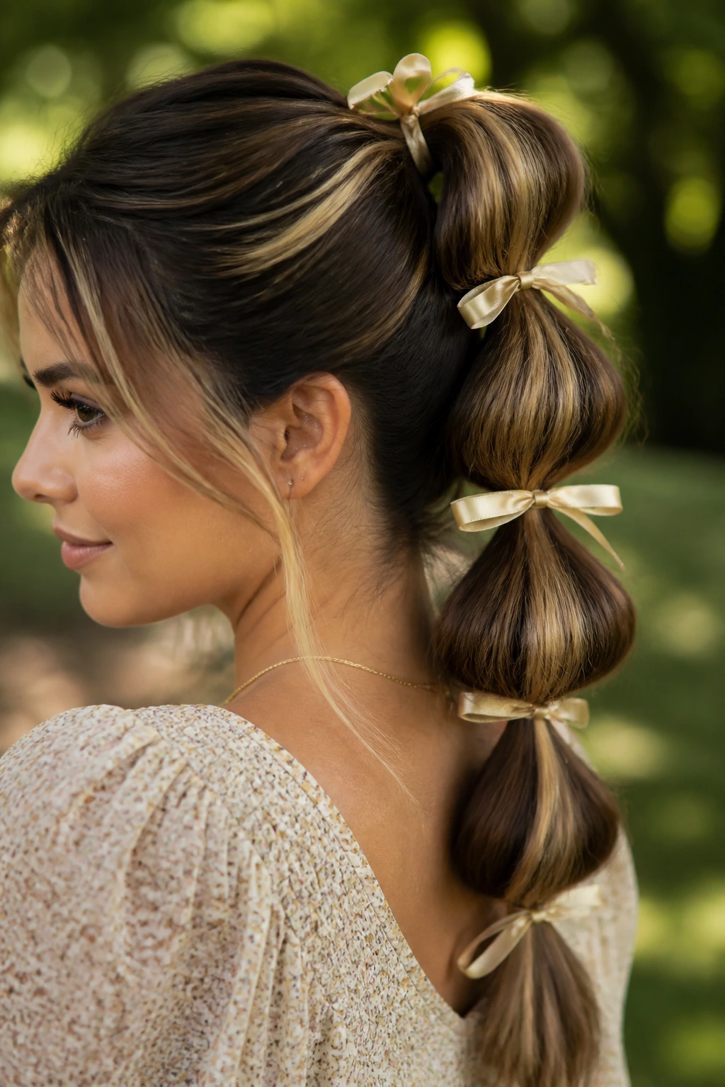 Close-up portrait of a real woman with a bubble ponytail and blonde ribbons.