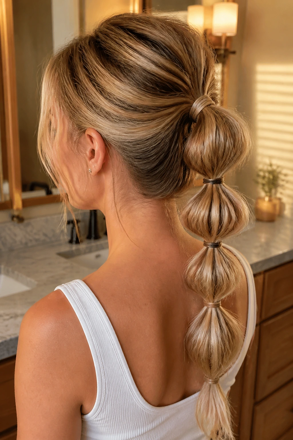 Three-quarter back view of a real woman with bubble ponytail and root lift