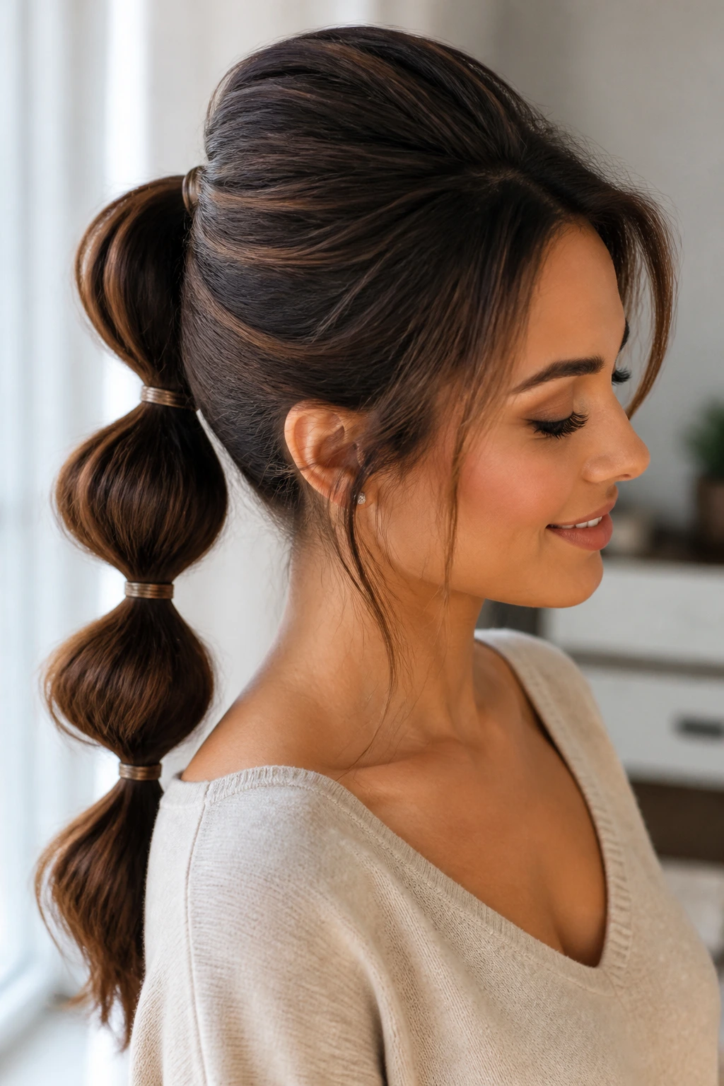 Close-up of a real woman with a bubble ponytail and root lift.