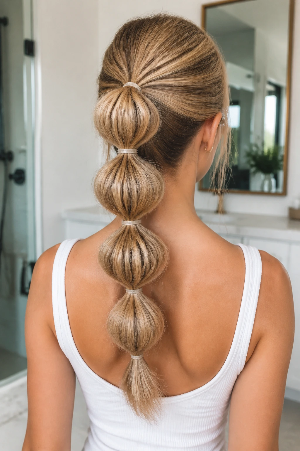 Back-of-head view of real woman with bubble ponytail and sandy blonde highlights