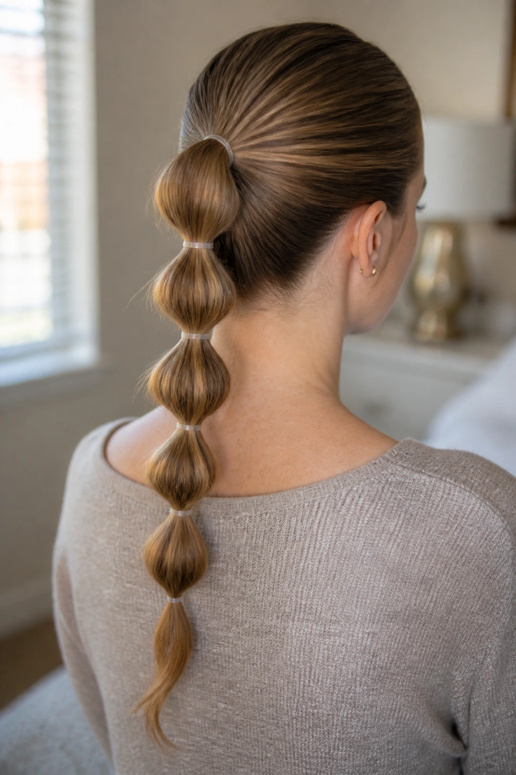 Close-up of a real woman with a bubble ponytail featuring narrow sections and elastics.