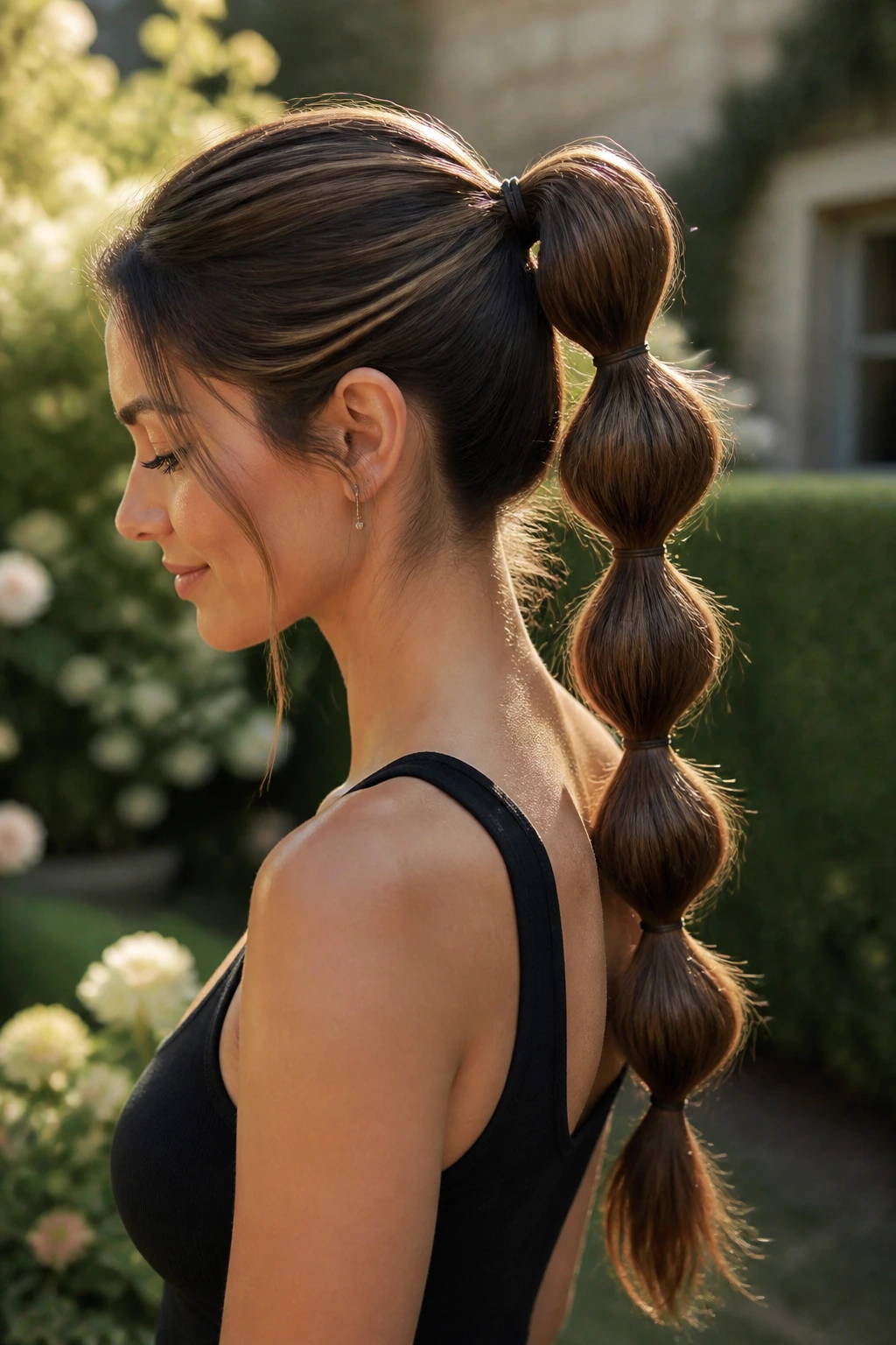 Side view of a real woman with a bubble ponytail showing segmented sections.