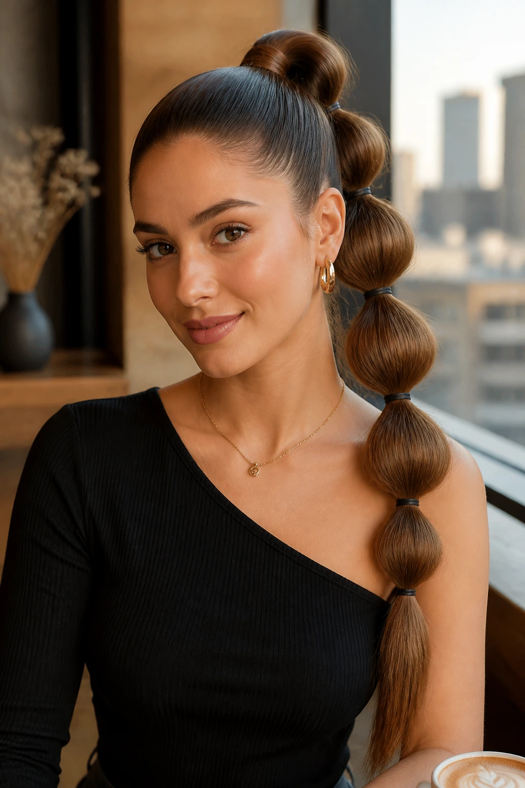 Close-up of a real person with a structured bubble ponytail that maintains shape in daylight