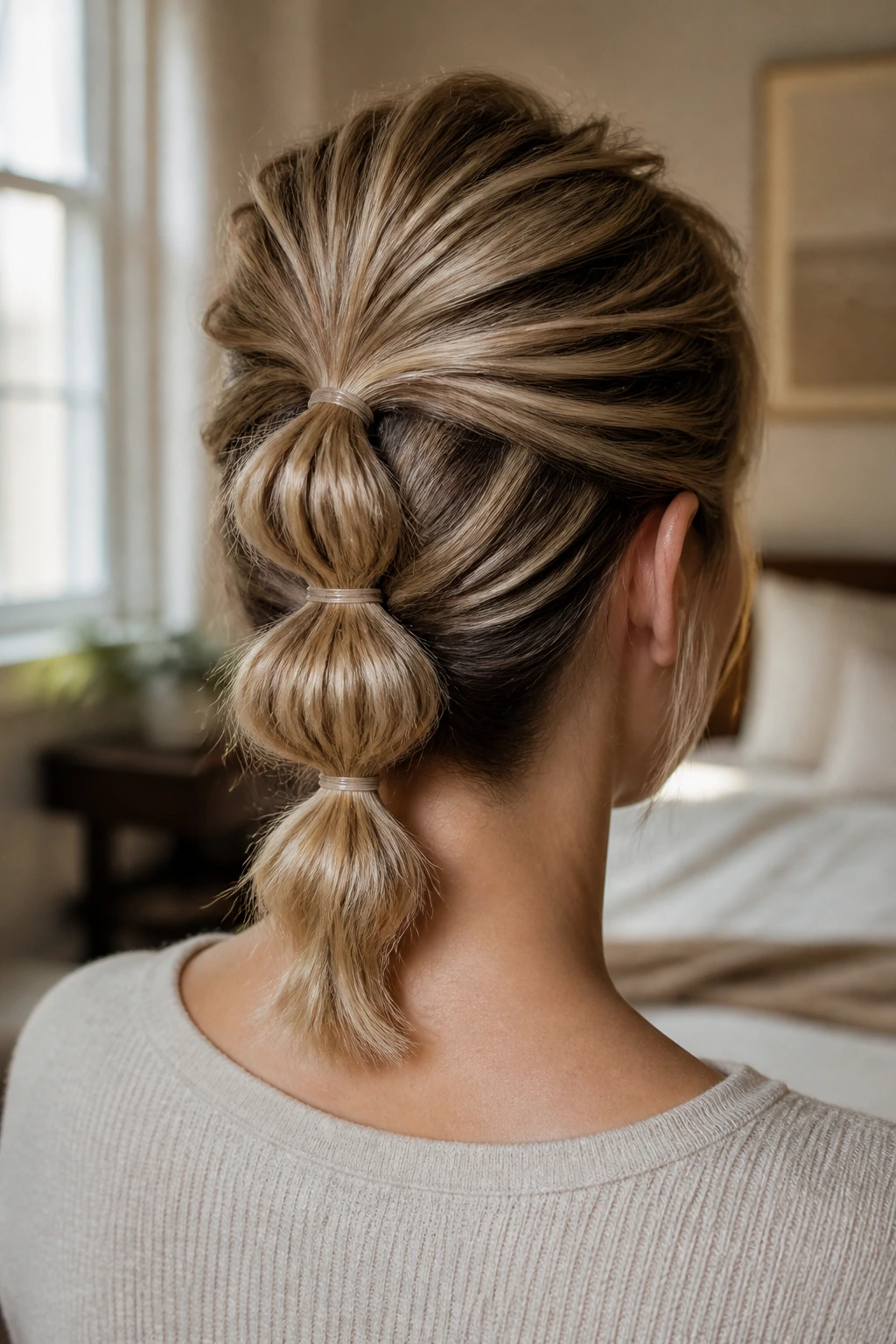 Close-up of a real person with a bubble ponytail on short hair, showing spaced elastics and lifted crown