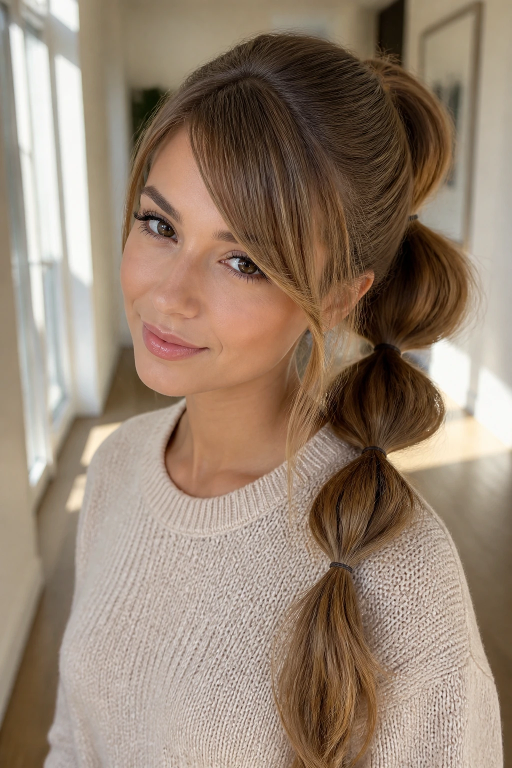 Close-up portrait of a real person with a bubble ponytail and side bangs in a bright setting