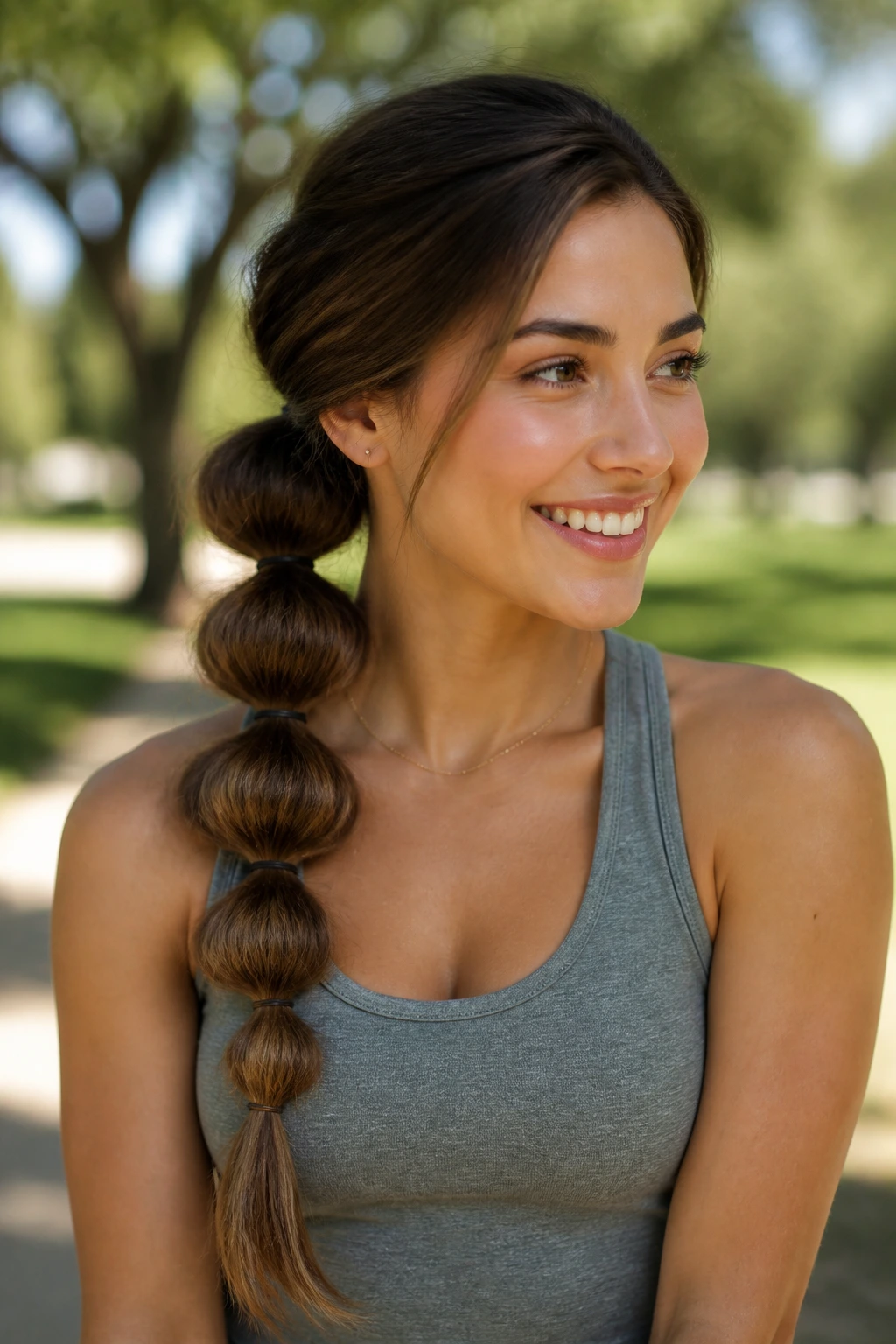 Real woman with a side bubble ponytail showing bubble segments along the length.