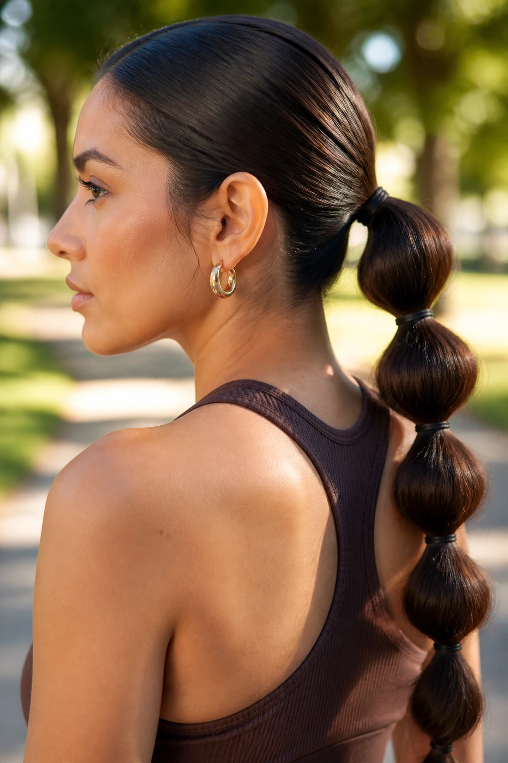 Woman with bubble ponytail on long hair showing bubble sections