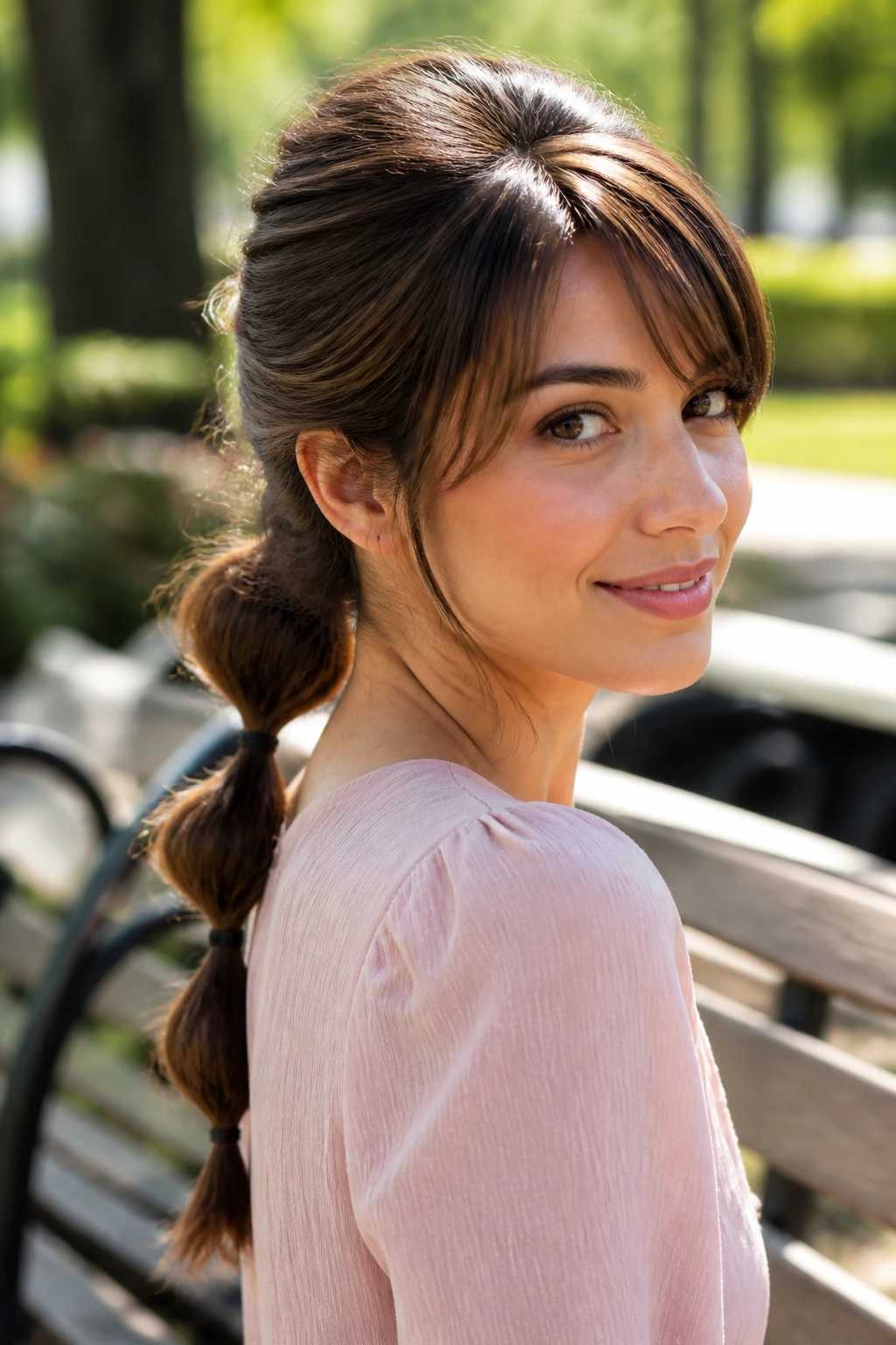 Close-up of real woman with bubble ponytail and crown lift.