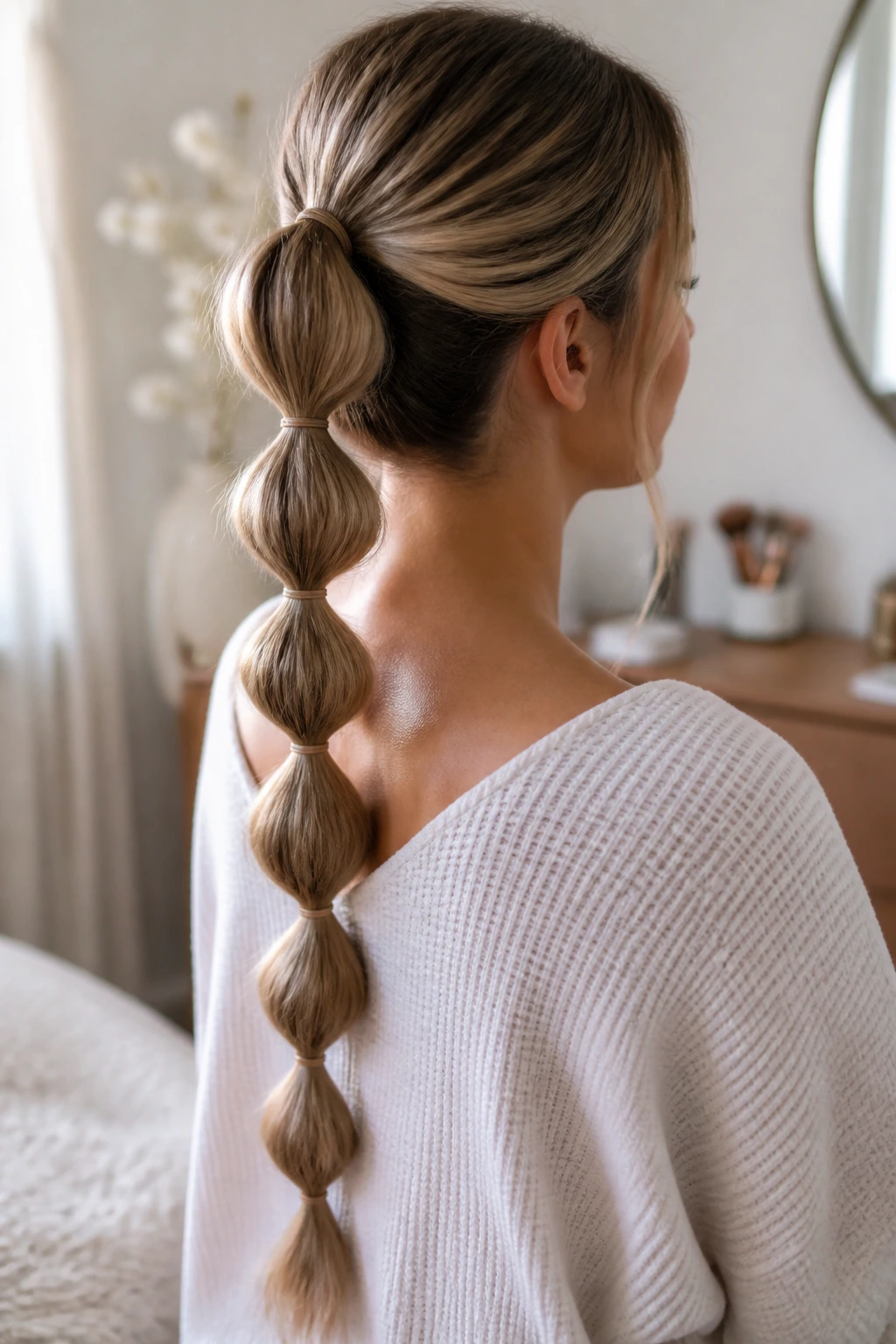 Close-up of a real person with a bubble ponytail showing evenly spaced bubbles along the length, in soft window light.