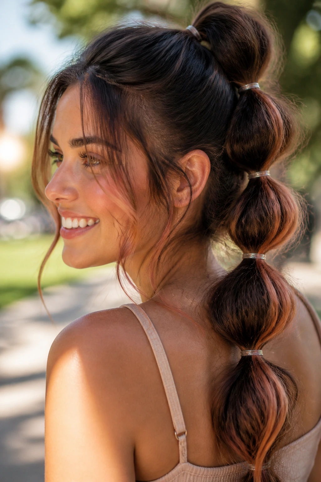 Close-up of a real woman with bubble ponytails showing soft strawberry sections in dark hair.