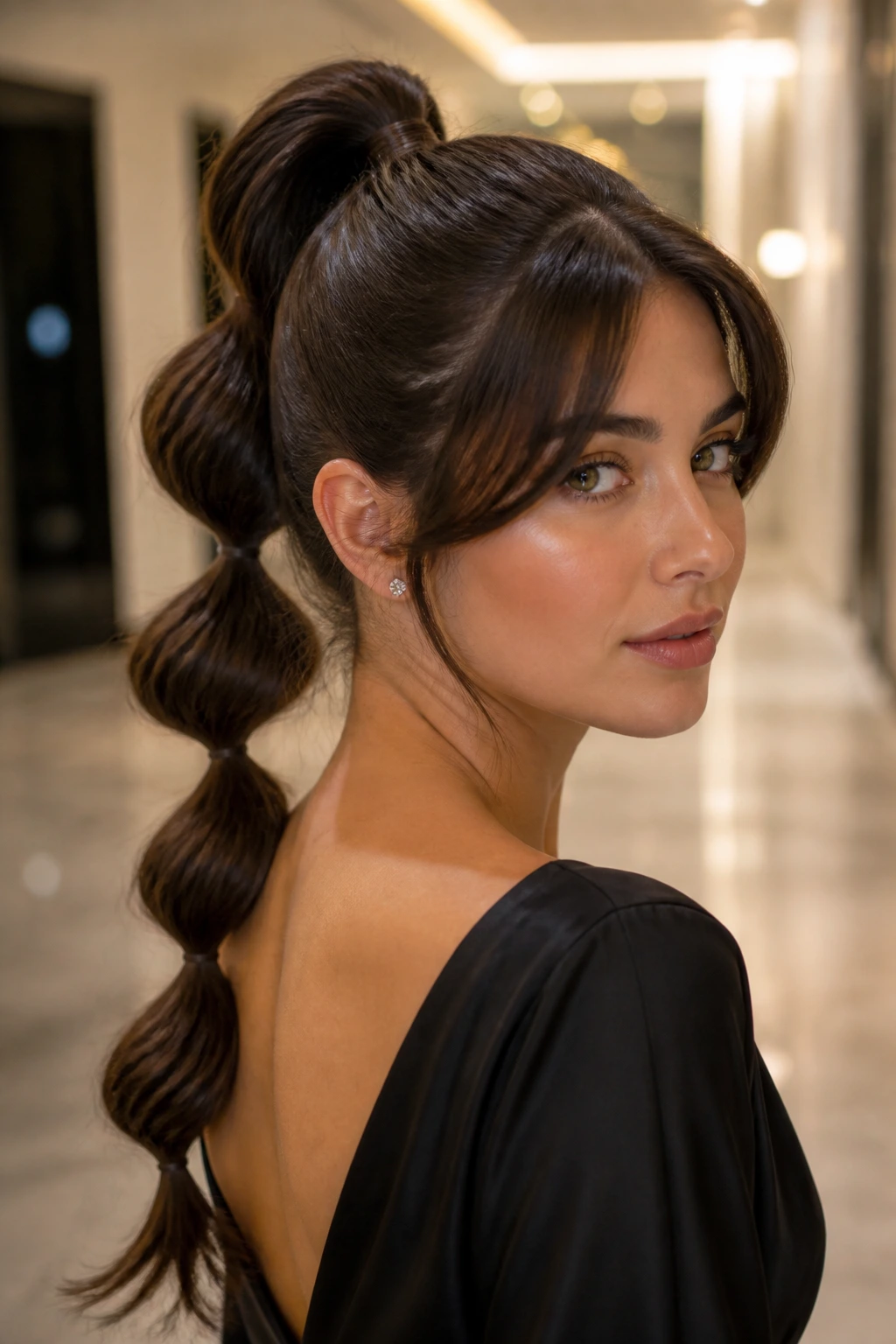 Close-up of a real woman with a glossy bubble ponytail and curtain bangs.