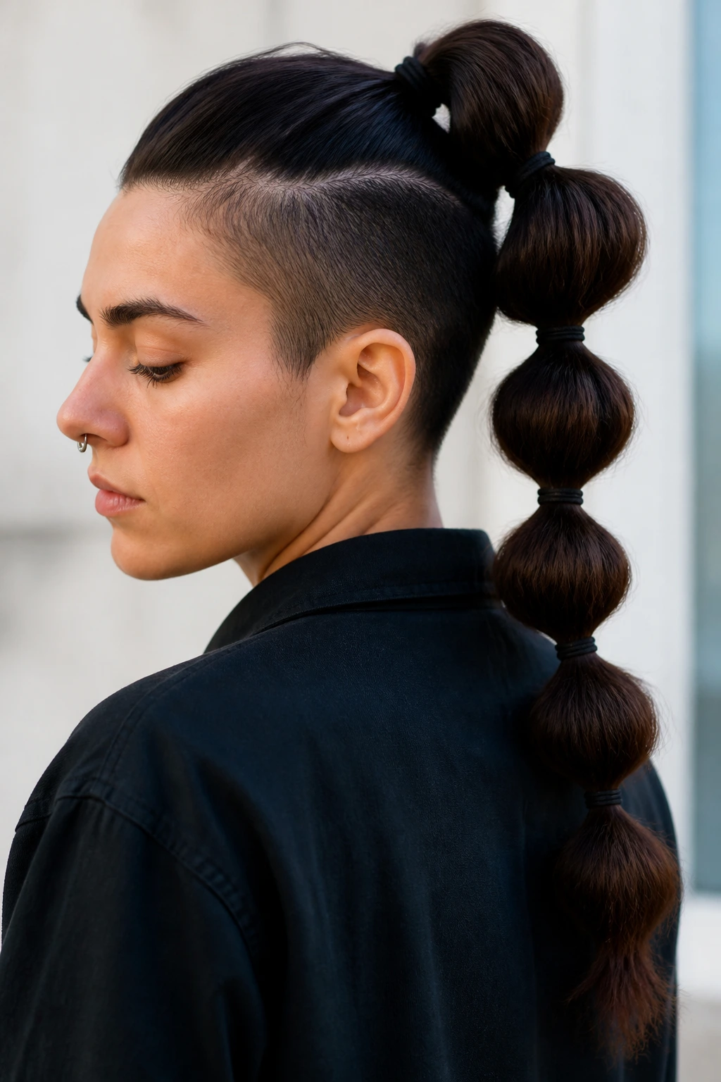 Real person with thick hair in a bubble ponytail