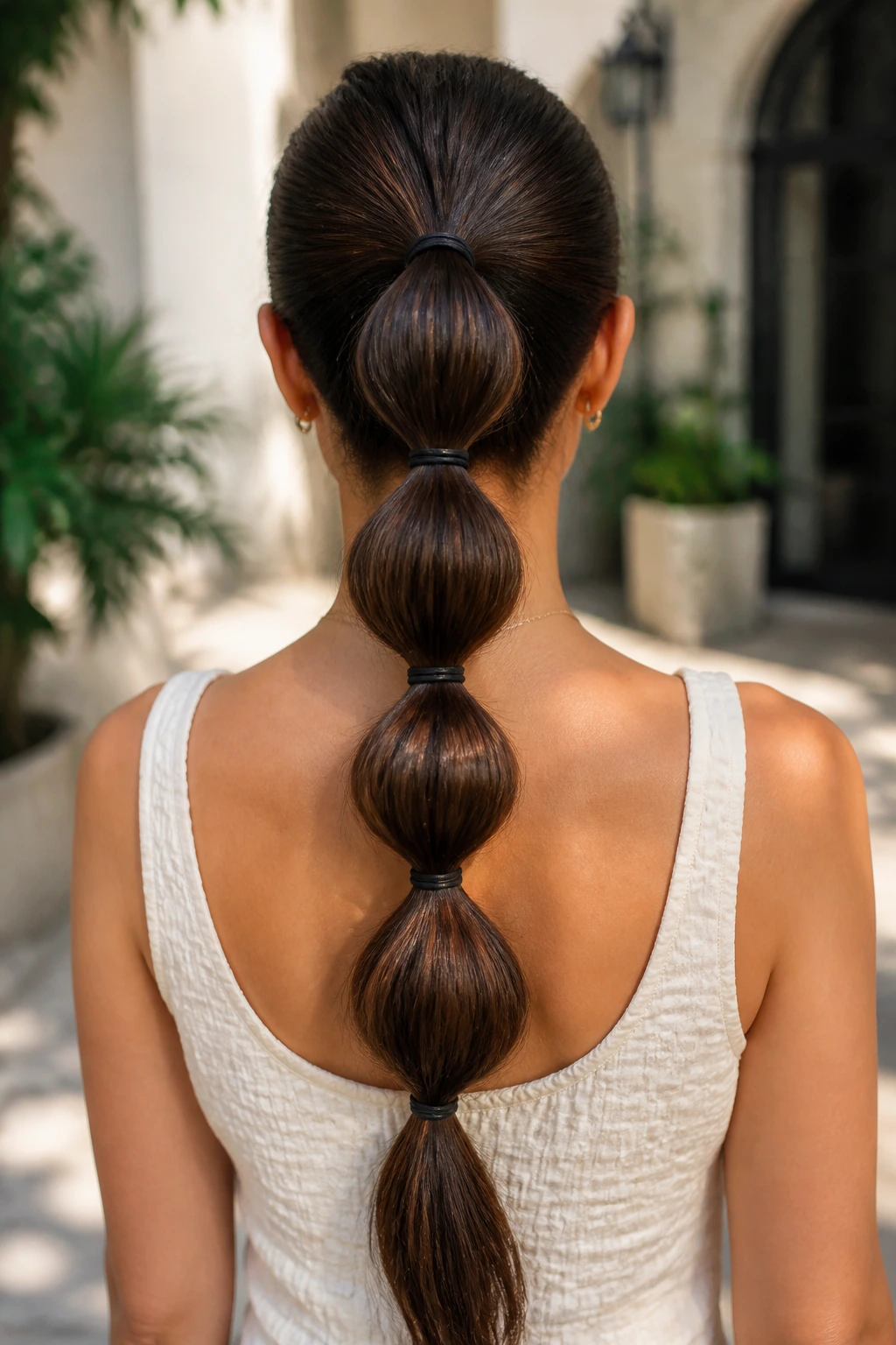 Back view of a thick-haired woman with a bubble ponytail showing multiple elastic bubbles