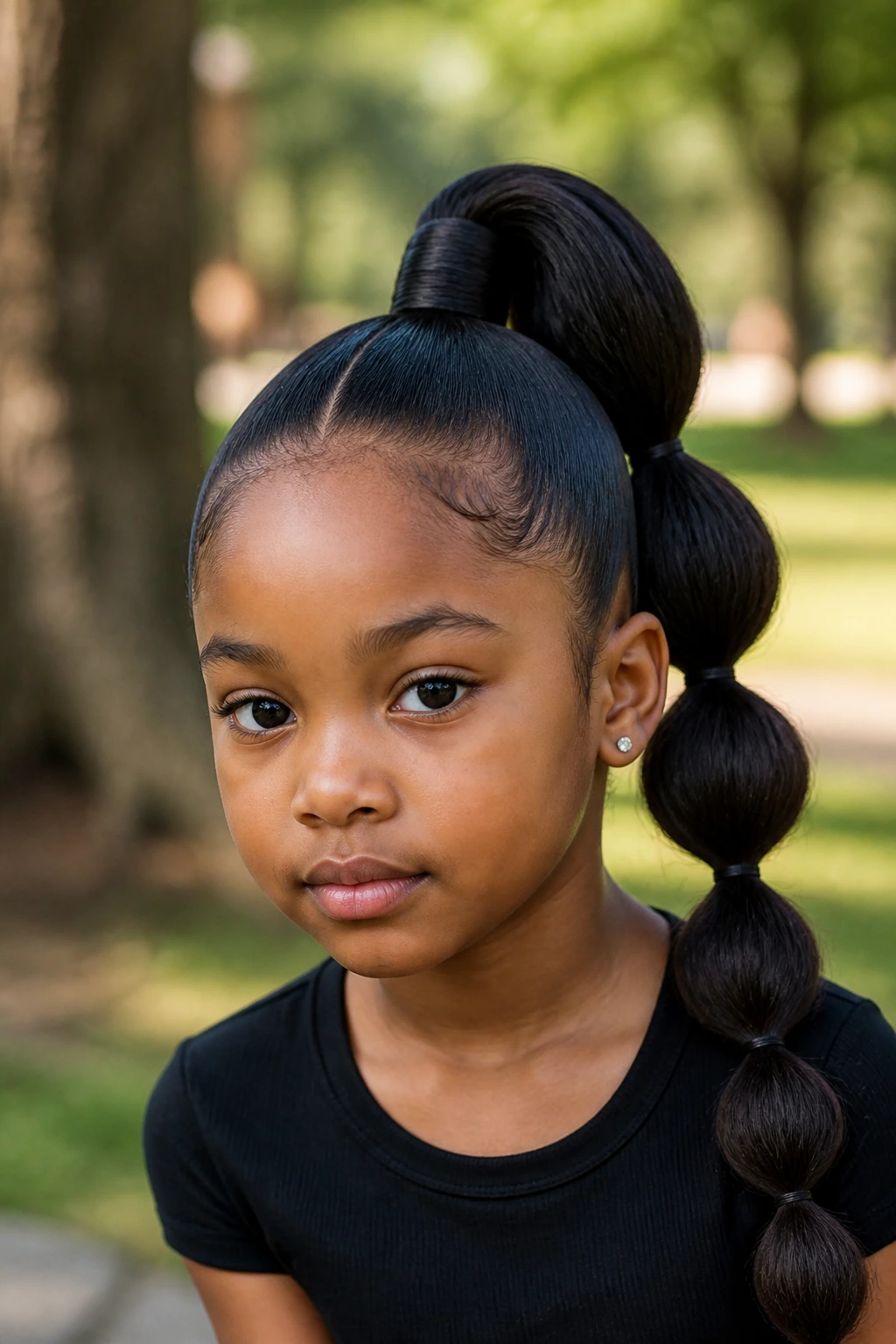 Girl with a high bubble ponytail and wrapped base in a sunny park