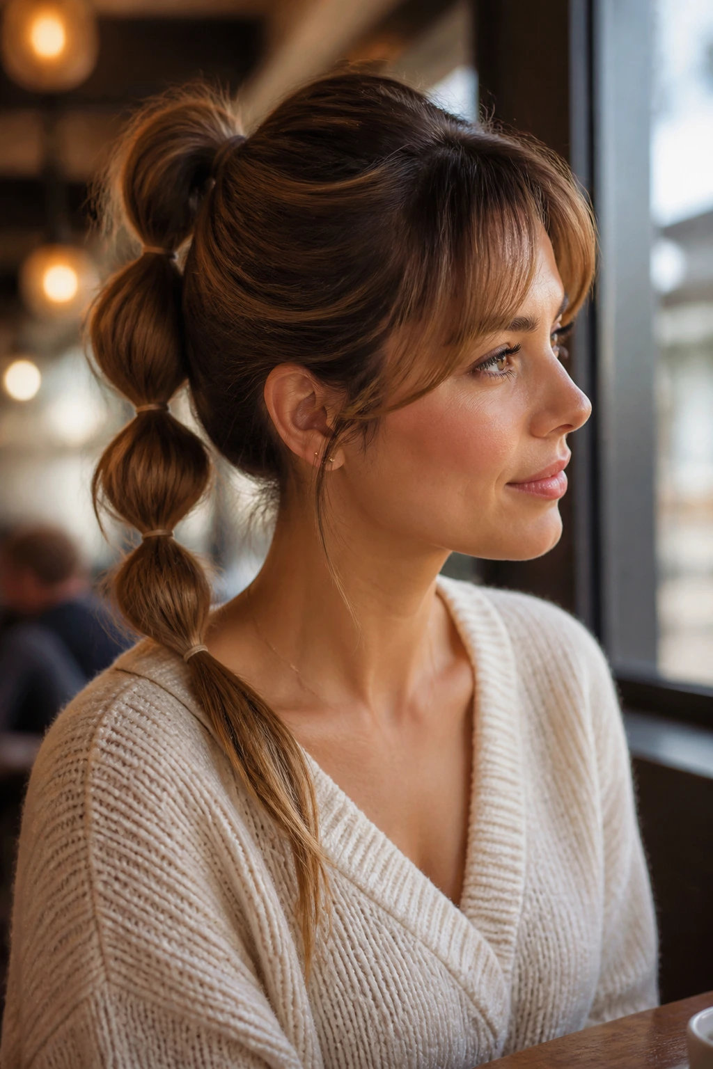 Close-up portrait of a woman with a bubble ponytail and soft bang sweep in a cafe