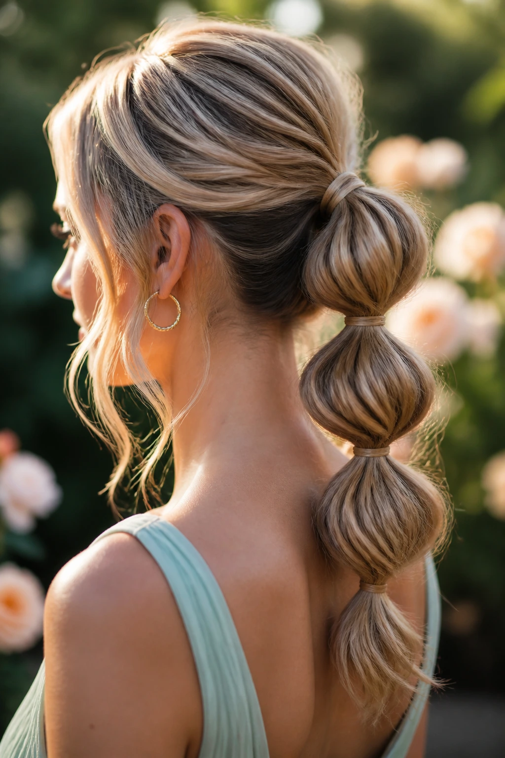 Close-up of a real woman with a bubble ponytail updo outdoors