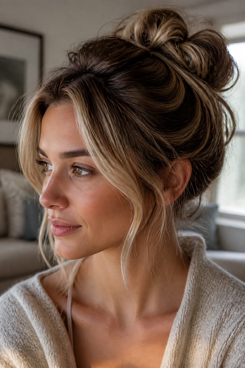 Close-up of a real woman with a bubble ponytail turned into an updo and money pieces framing her face.