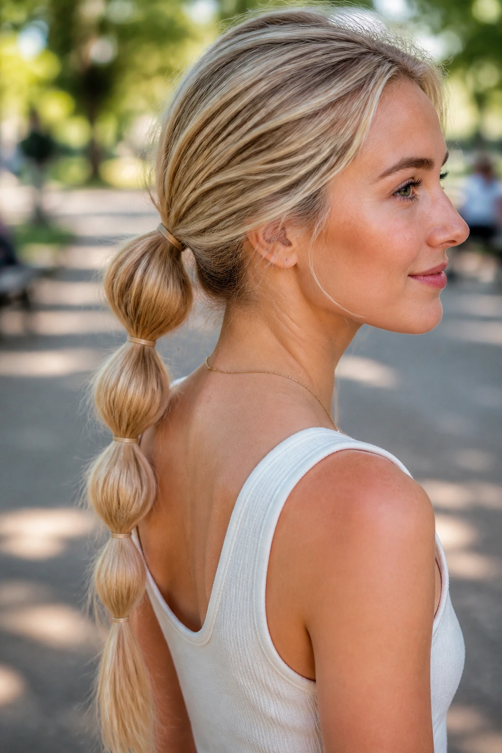 Bubble ponytail hairstyle on a real woman in an outdoor setting