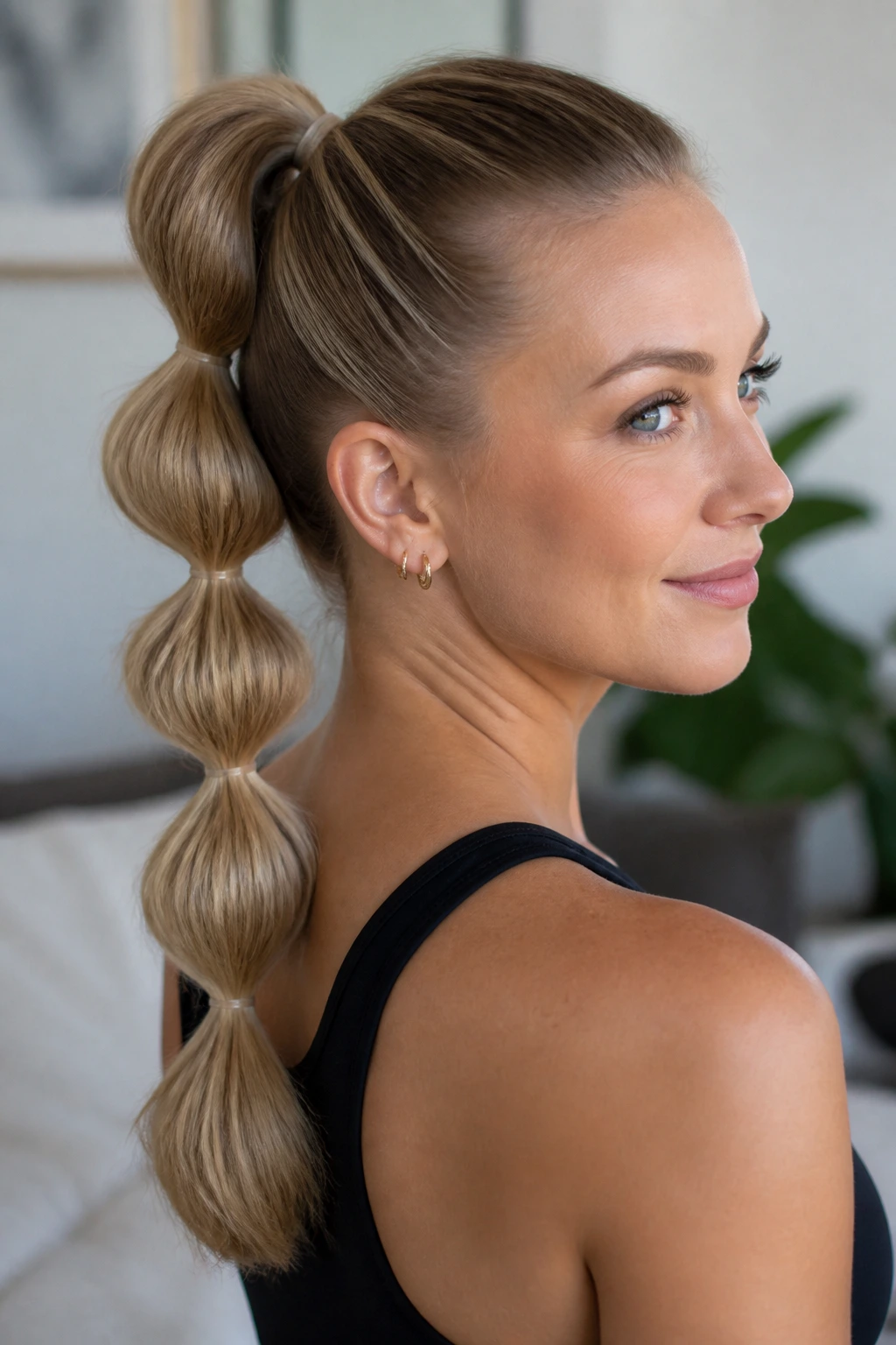 Portrait of a woman with a bubble ponytail showing segmented sections
