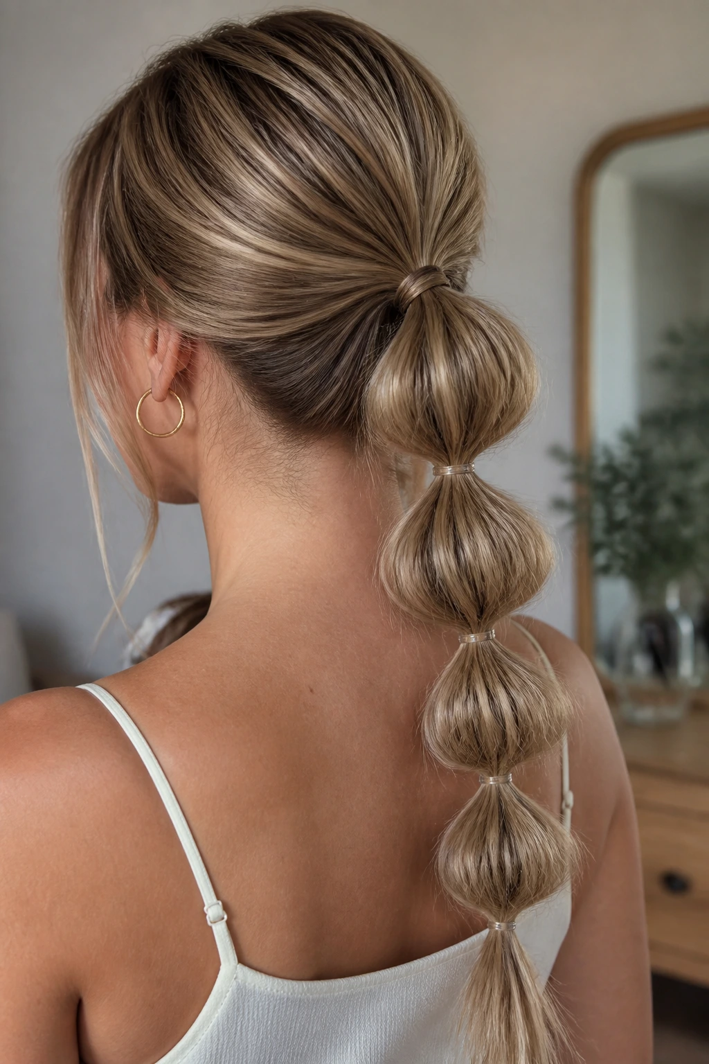 Back view of a woman with bubble ponytail and small volume bubbles