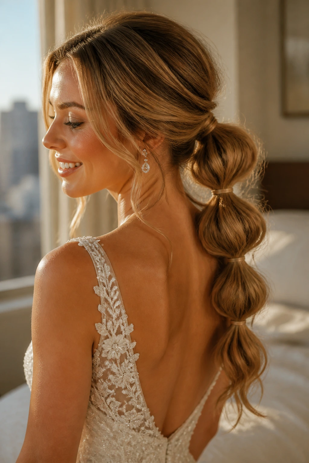 Close-up of bride with bubble ponytail on wavy hair