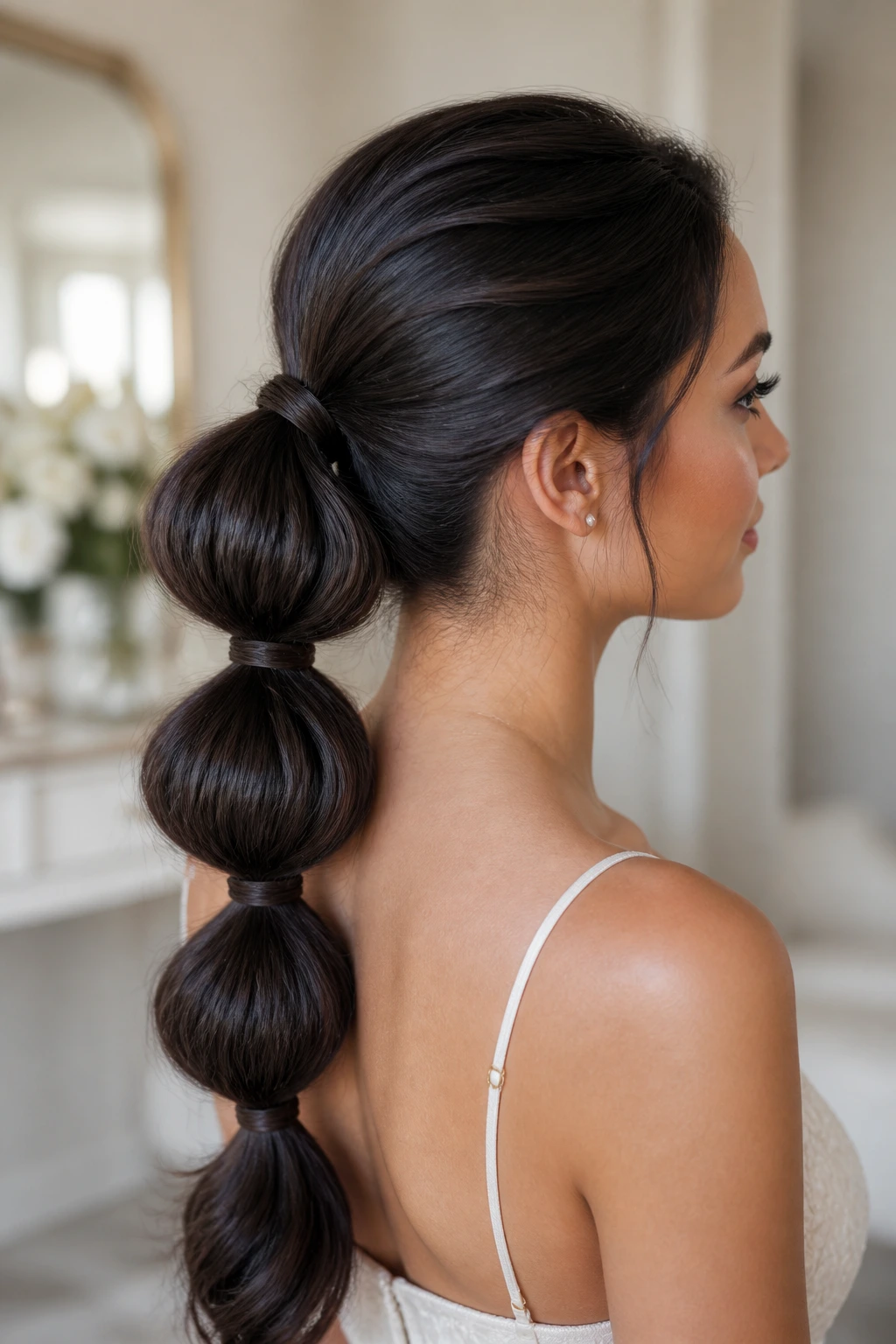 Close-up of a real woman wearing a bubble ponytail with wrapped sections