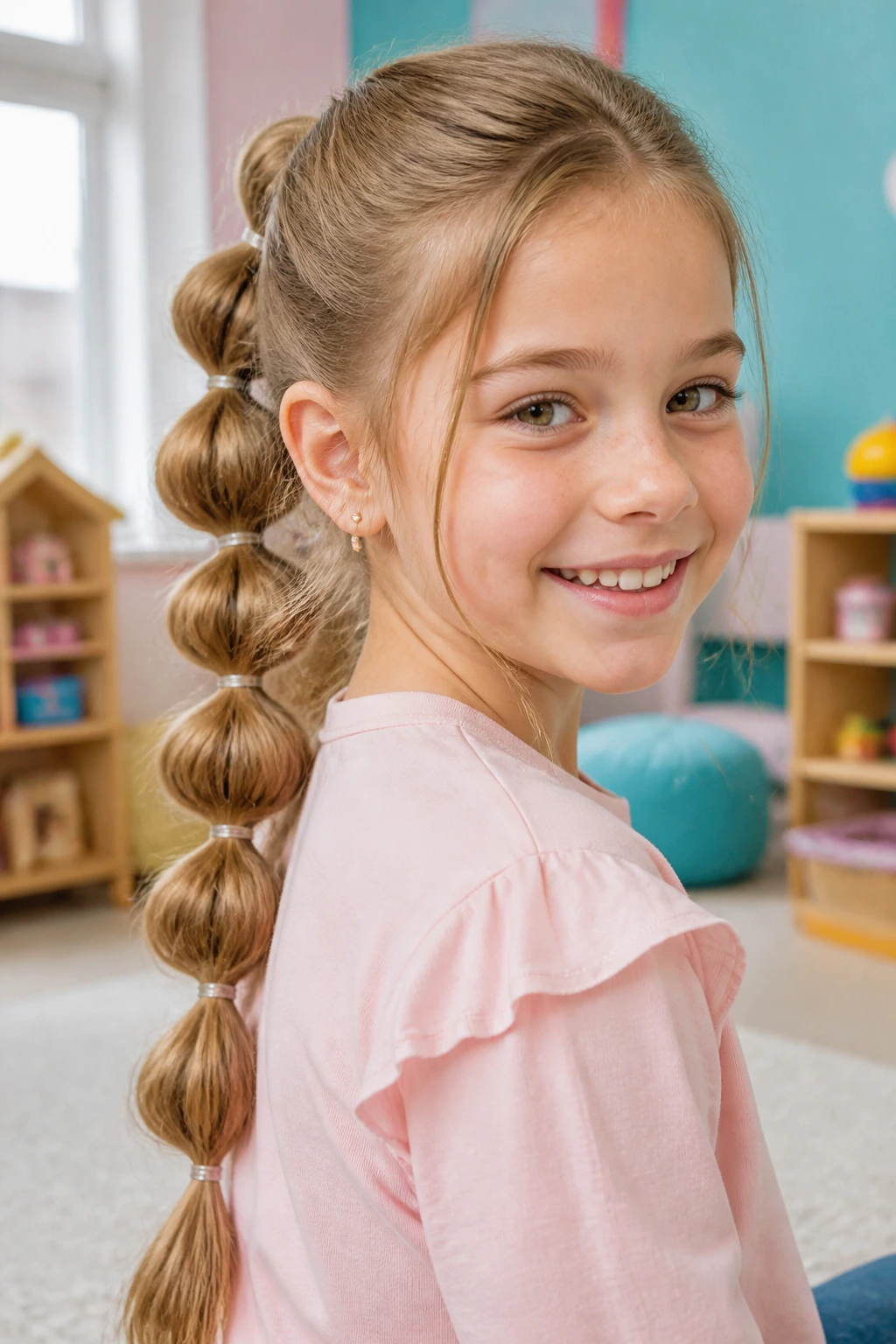 Child with pull-through bubble braid featuring evenly spaced bubbles along hair
