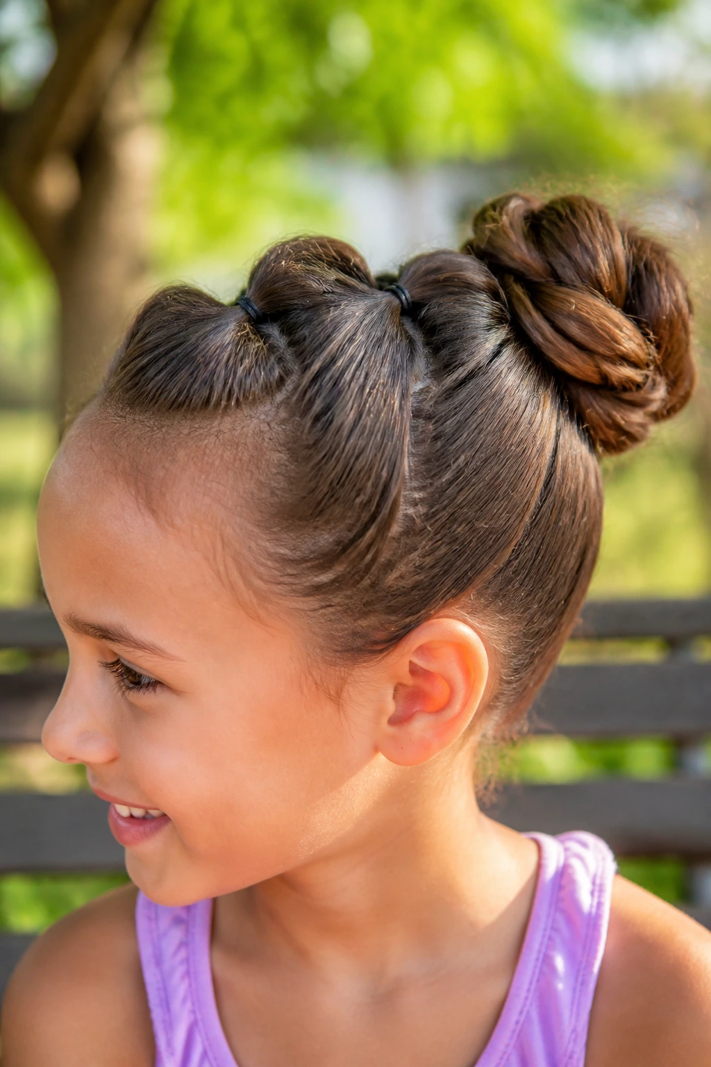 Close-up of a real girl sporting a bubble-twist pony bun hairstyle outdoors.