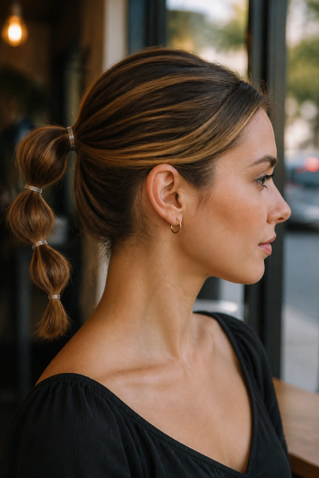 Close-up portrait of a woman with bubble-twist pony on short hair