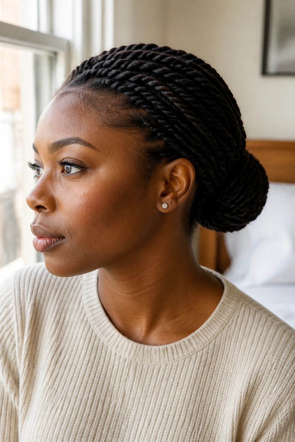 Woman with low compact bun twist demonstrating bulk-friendly styling