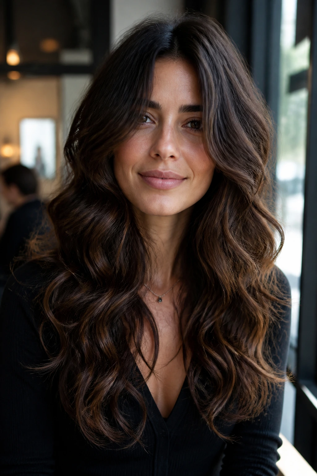 Close-up of real woman with thick wavy hair and defined layers