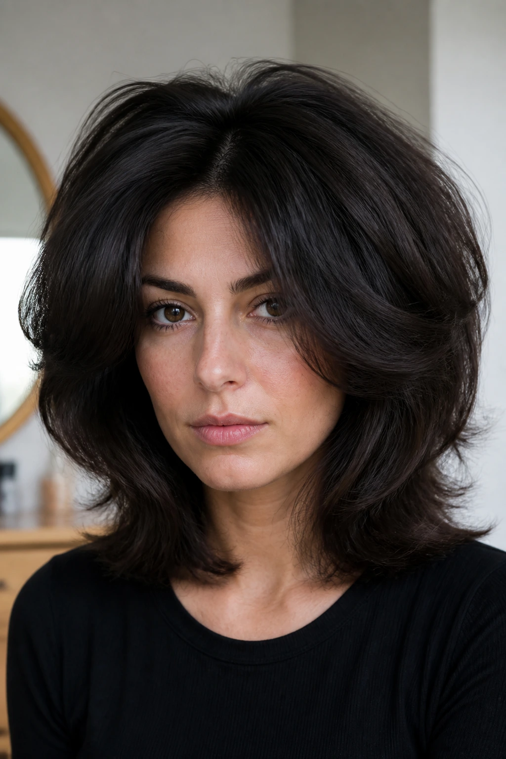 Portrait showing bulky crown and sides as a thick-hair mistake