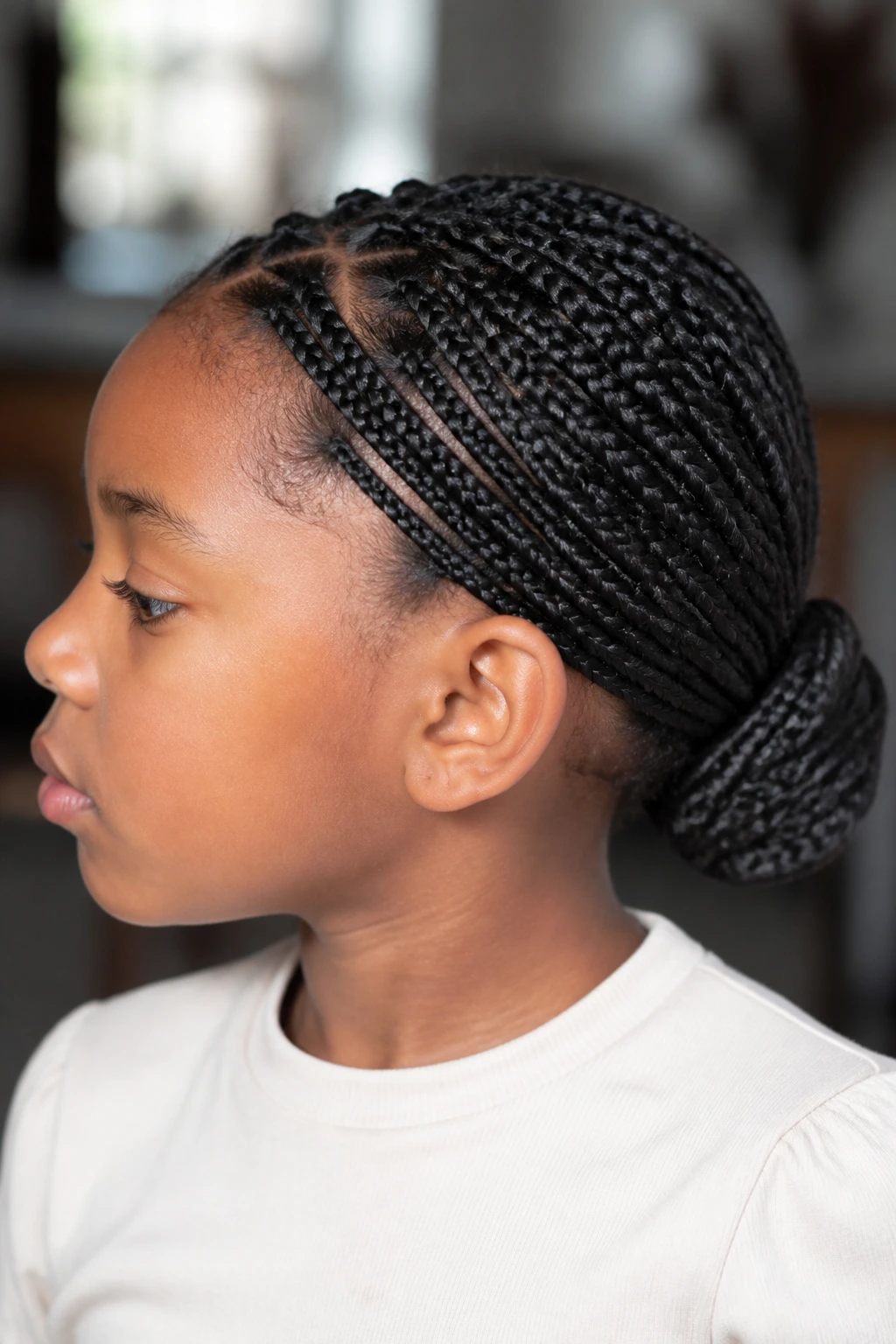 Close-up of a real child with a neat bun made of box braids