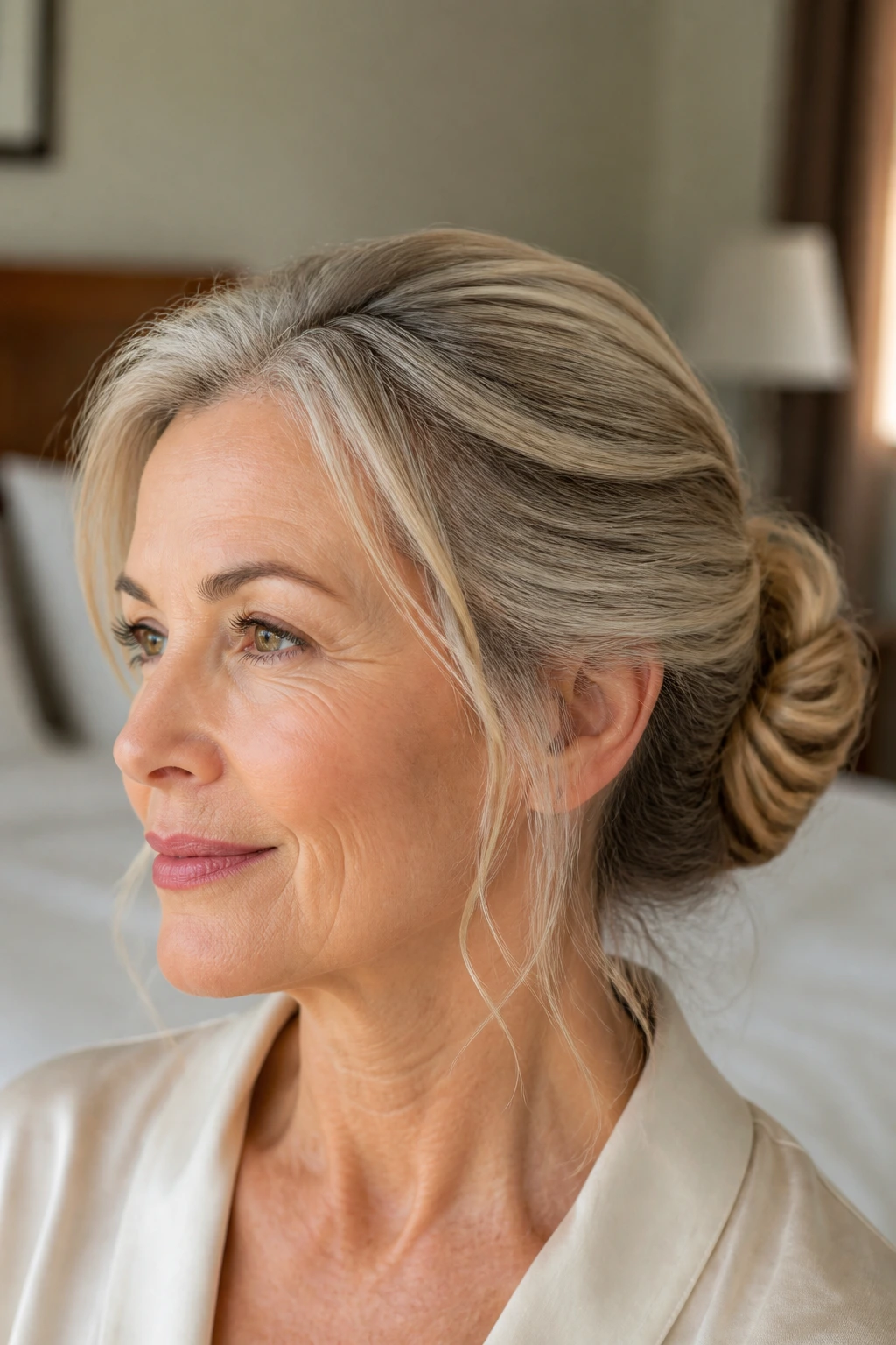 Close-up of a real woman with an elegant low bun and soft face-framing tendrils in natural light