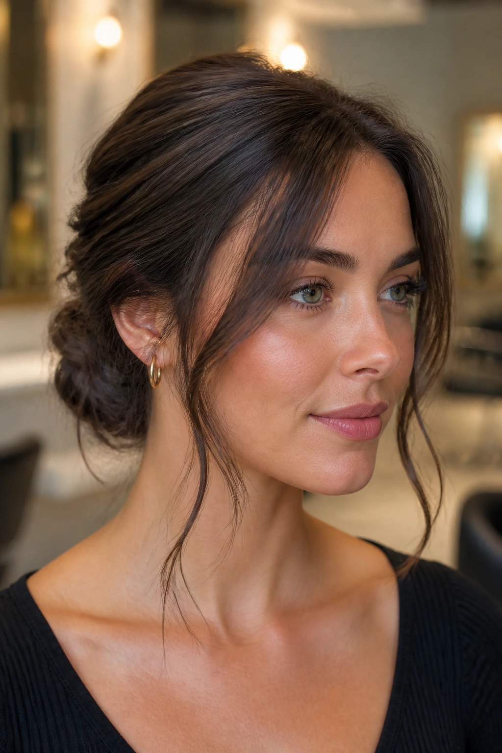 Close-up of a real woman with a low textured bun and loose tendrils in warm lighting.