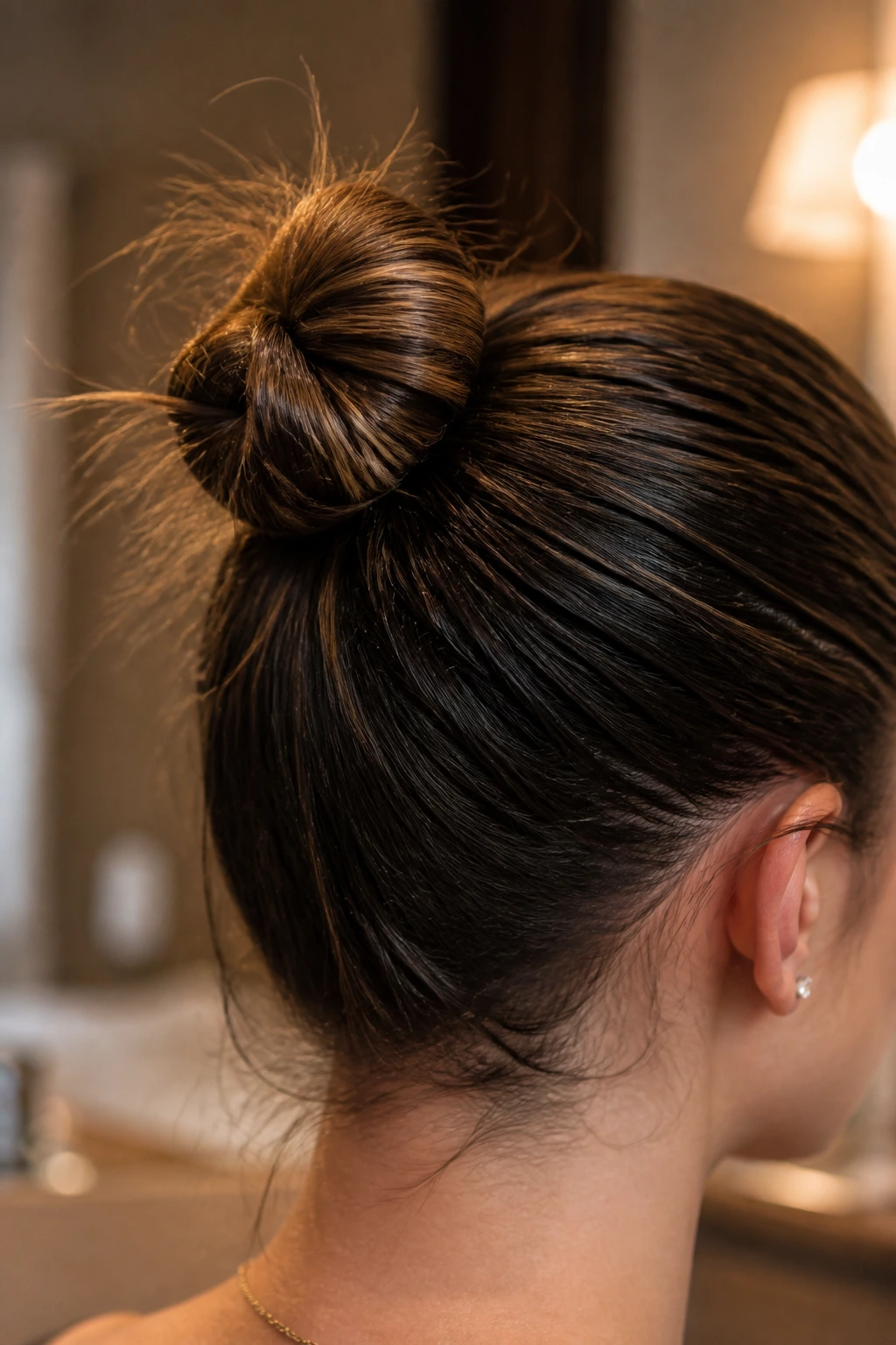 Close-up of imperfect sleek bun with flyaways highlighting common issues.