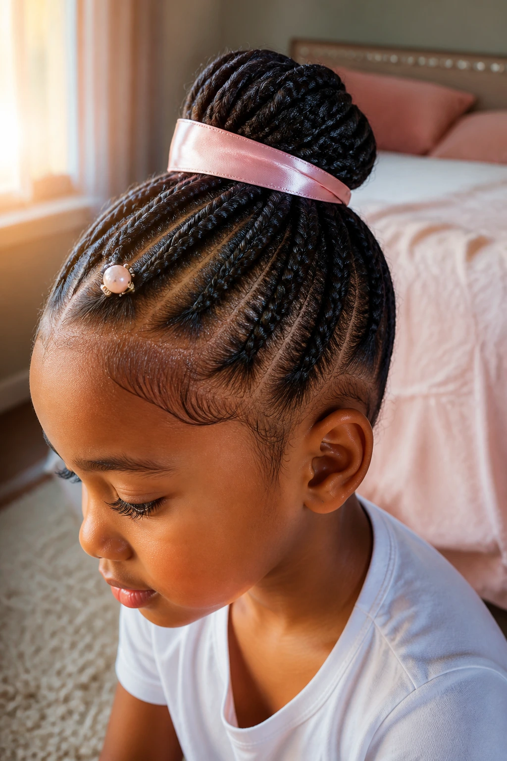 Close-up of a real child's bun with satin ribbon and bead accent in warm bedroom light