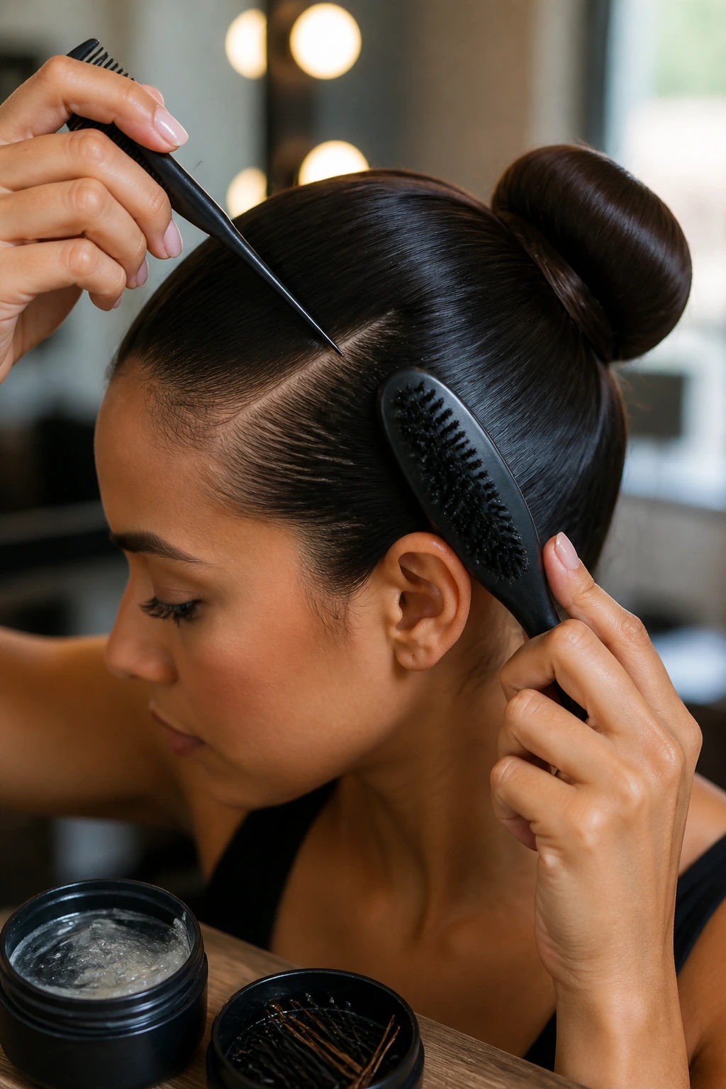 Real woman with a sleek bun, pins securing the bun and a comb guiding the part.