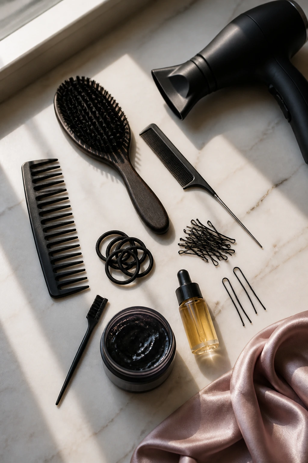 Top-down view of essential bun tools neatly arranged on a vanity.