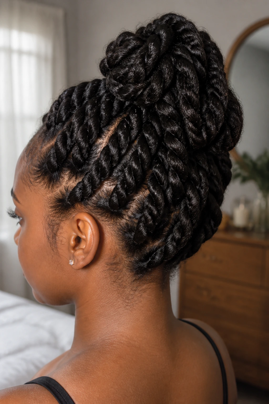 Close-up portrait of a real woman with bun twists in thick hair