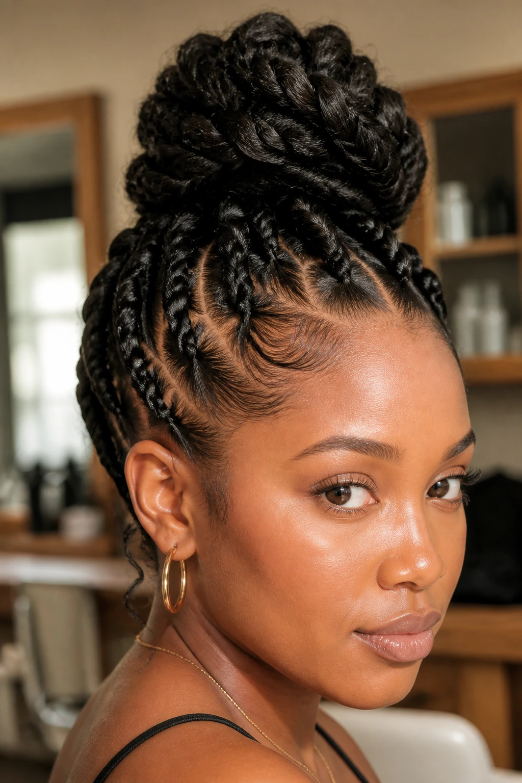 Portrait of woman with bun twists showing structure and thick hair texture