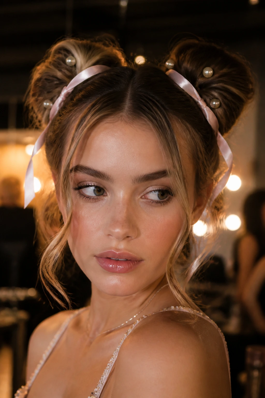 Real woman with ribbon and pearl add-ons in double buns