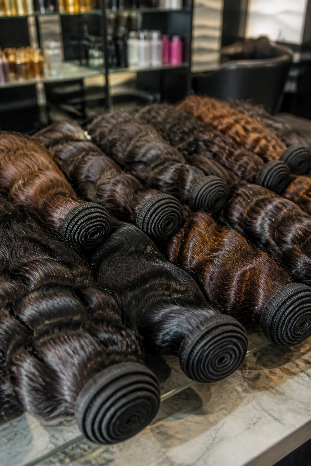 Hair bundles on display for shopping