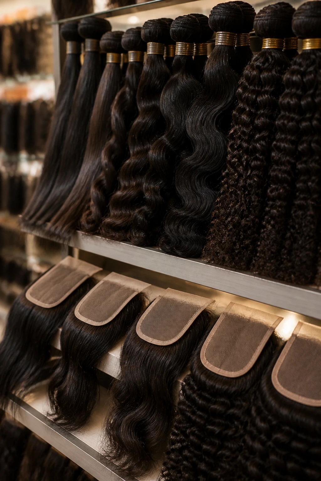 Close-up of hair bundles and closures on a store shelf for sew in bangs