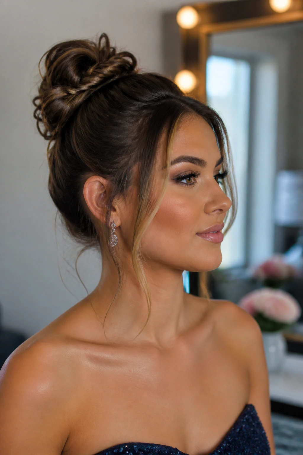 Close-up of a real woman's head showing a high bun for neckline balance