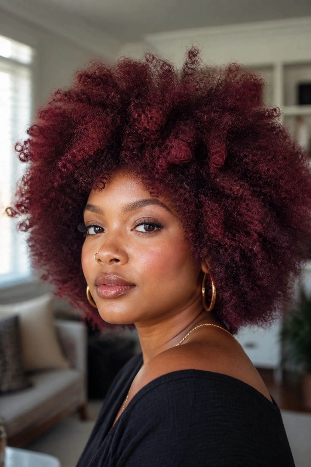 Close-up of real person with burgundy brushed-out afro.