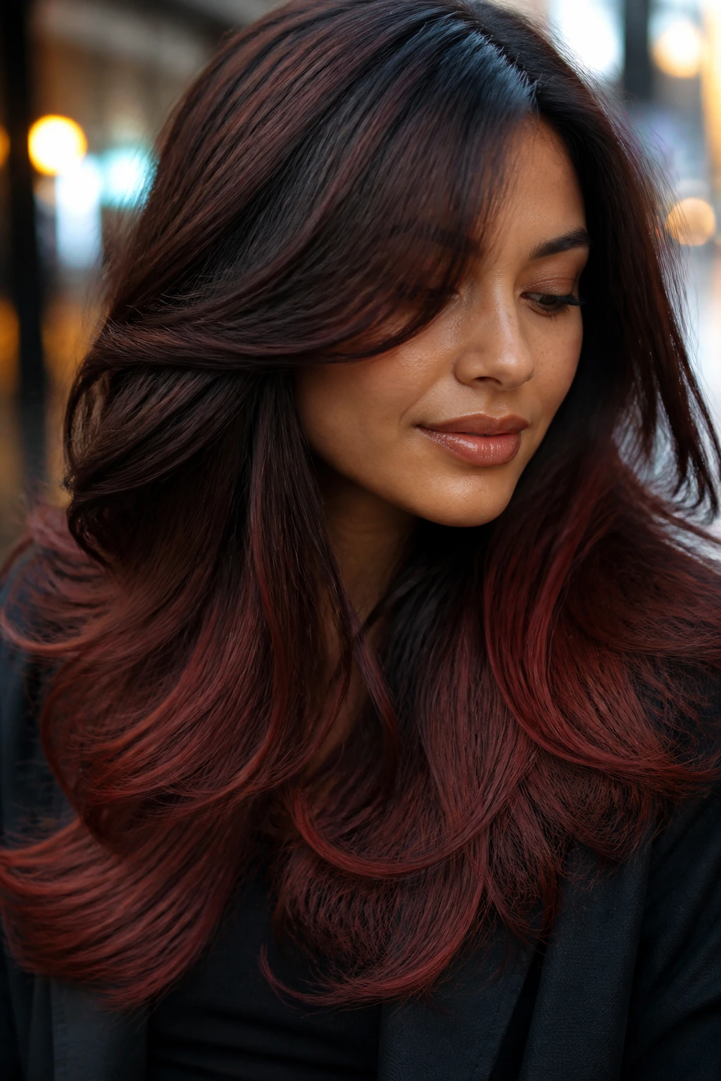 Real woman with burgundy auburn lowlights in brunette hair