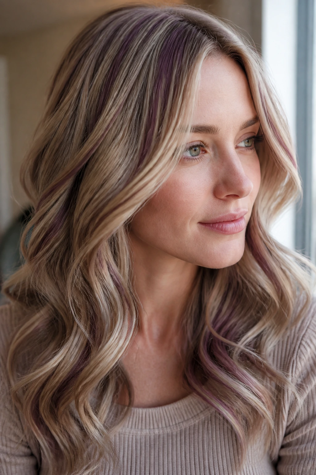 Close-up of burgundy babylights on a beige blonde base in soft daylight